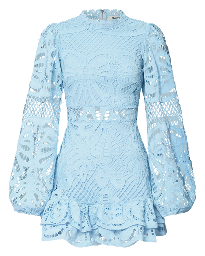Long Puff Sleeve Lace Mini Dress