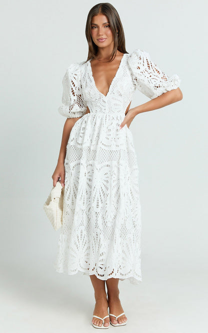 V Neck Cut Out Lace Midi Dress