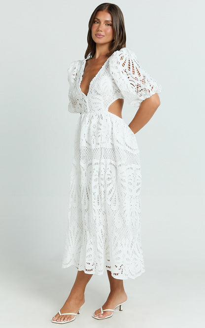 V Neck Cut Out Lace Midi Dress