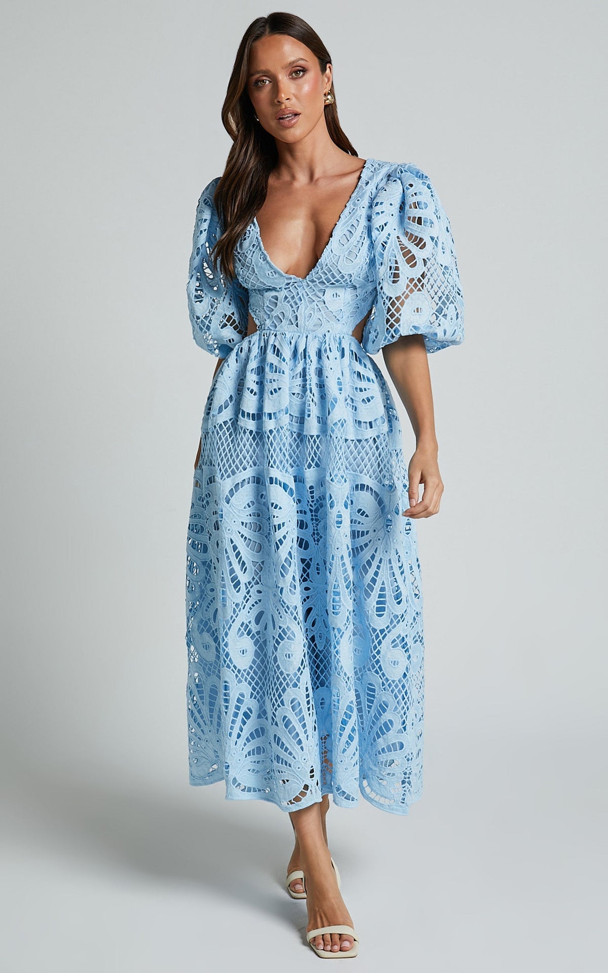 V Neck Cut Out Lace Midi Dress Avalabel