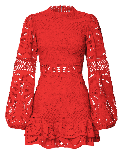 Long Puff Sleeve Lace Mini Dress