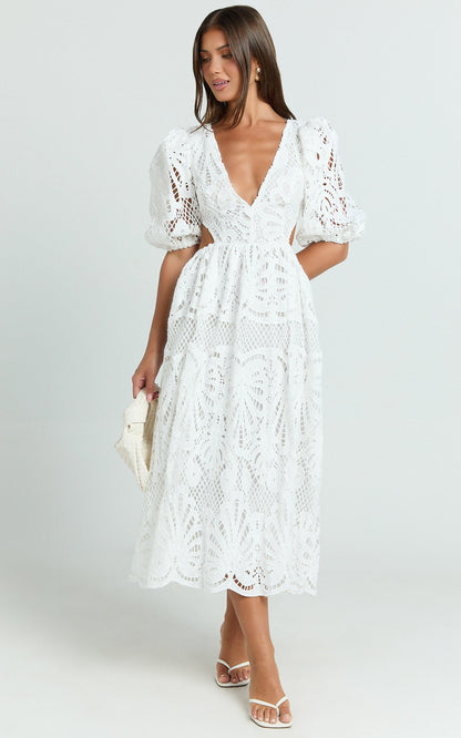 V Neck Cut Out Lace Midi Dress