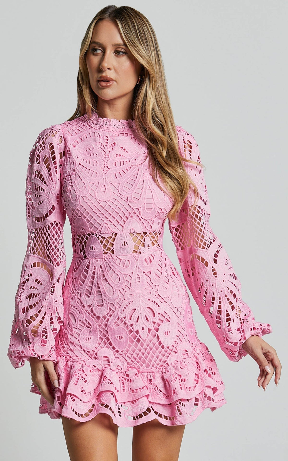 Long Puff Sleeve Lace Mini Dress Avalabel