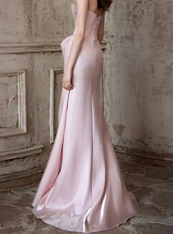 Mermaid Ruched Strapless Beading Pink Prom Dress Avalabel