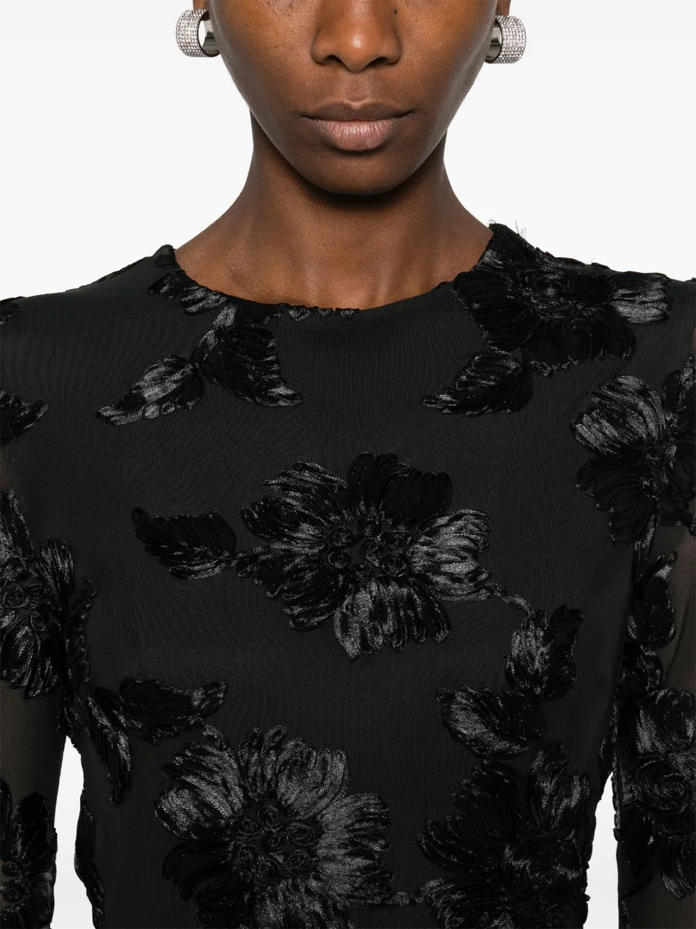 Floral-Embroidered Mesh Mini Dress In Black Soraya