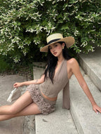 Flower Embellished Mini Skirt in Khaki Avalabel
