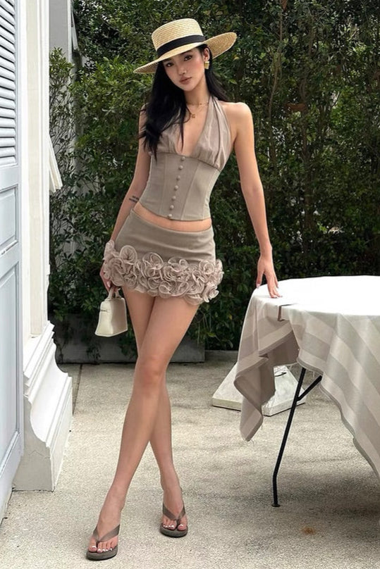 Halter Herringbone V-Neck Top in Khaki Avalabel