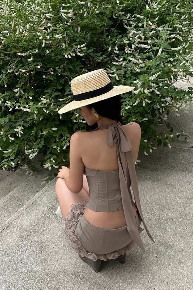 Halter Herringbone V-Neck Top in Khaki Avalabel