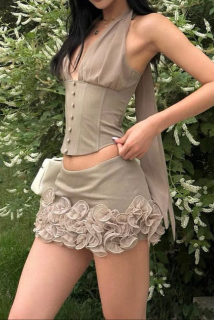 Flower Embellished Mini Skirt in Khaki Avalabel