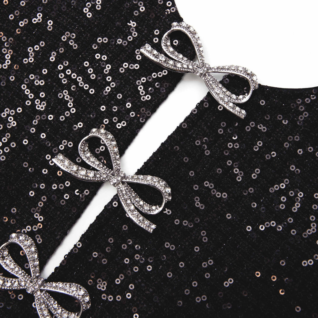 Janice Black Sequin Tweed Bow Mini Dress Avalabel