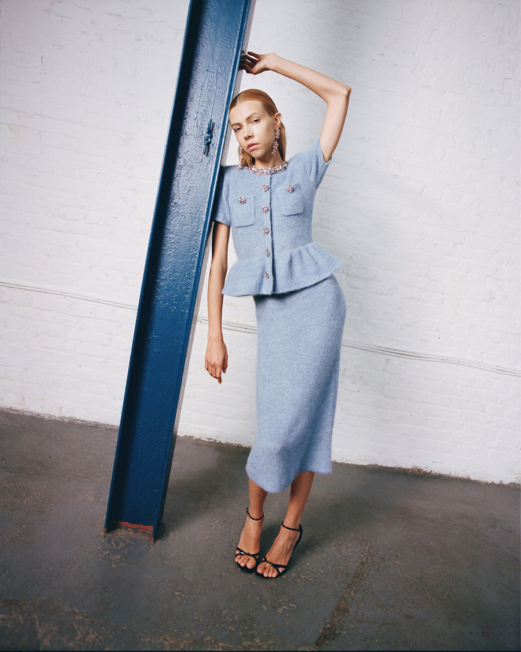 Kimberley Rhinestone Peplum Knit Midi Dress in Blue Avalabel