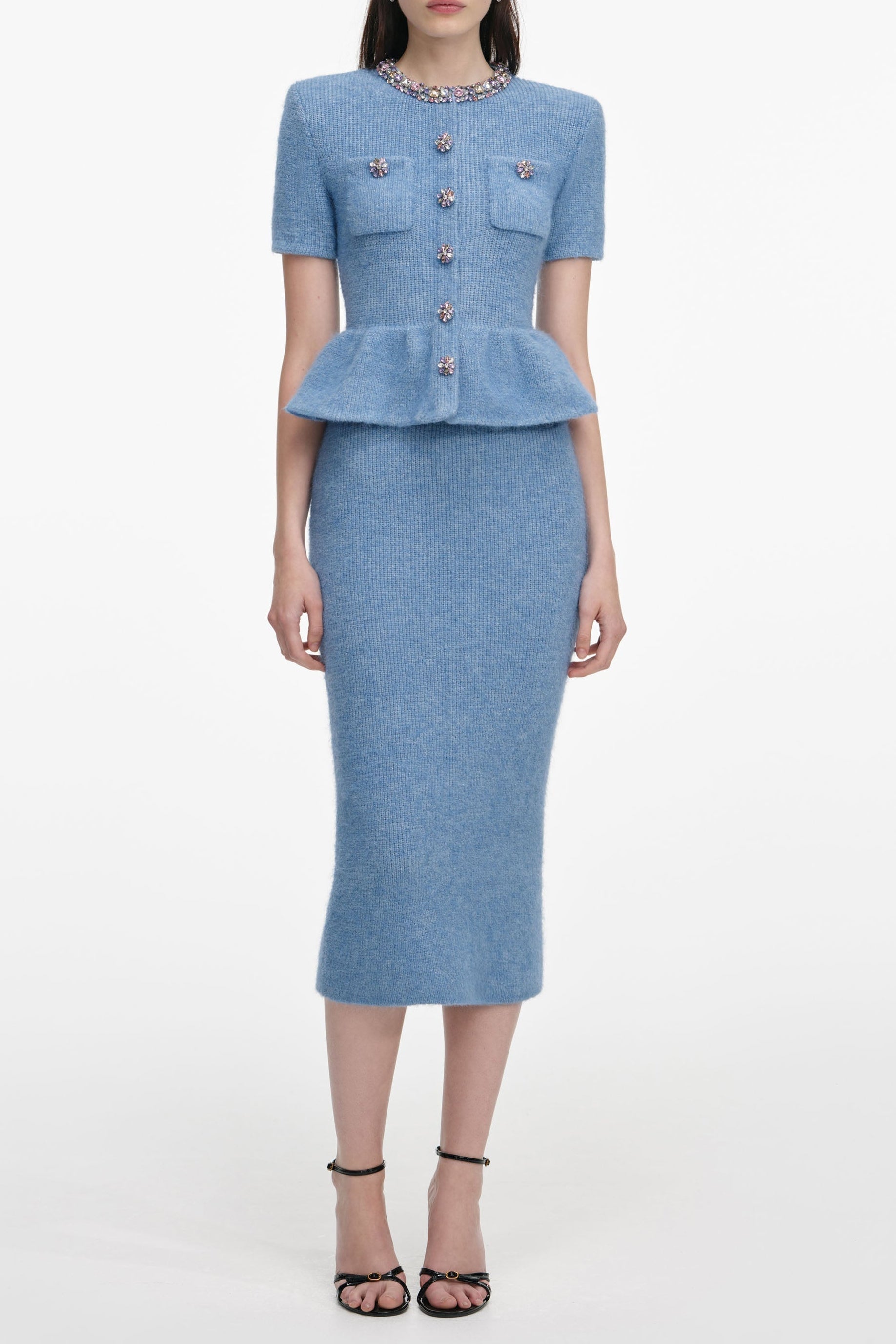 Kimberley Rhinestone Peplum Knit Midi Dress in Blue Avalabel