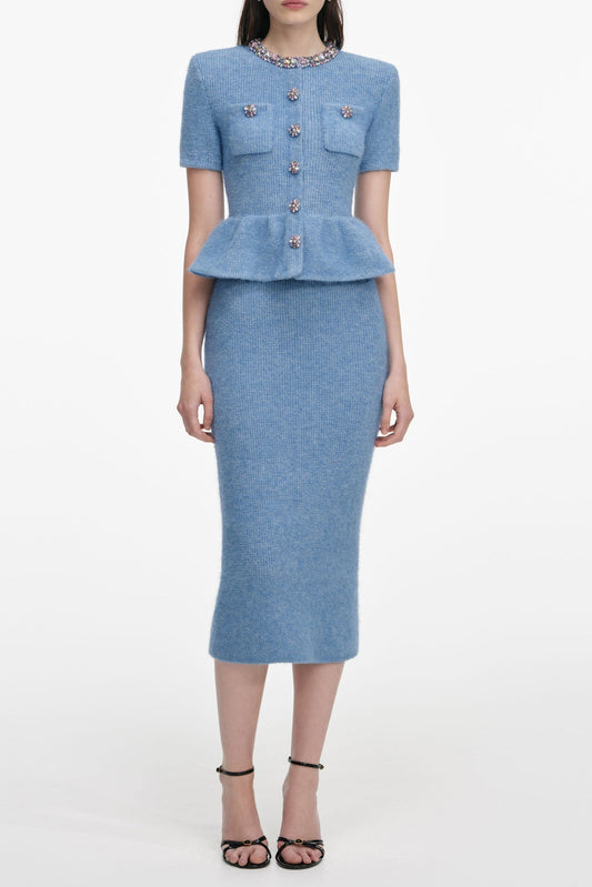 Kimberley Rhinestone Peplum Knit Midi Dress in Blue