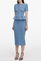 Kimberley Rhinestone Peplum Knit Midi Dress in Blue Avalabel