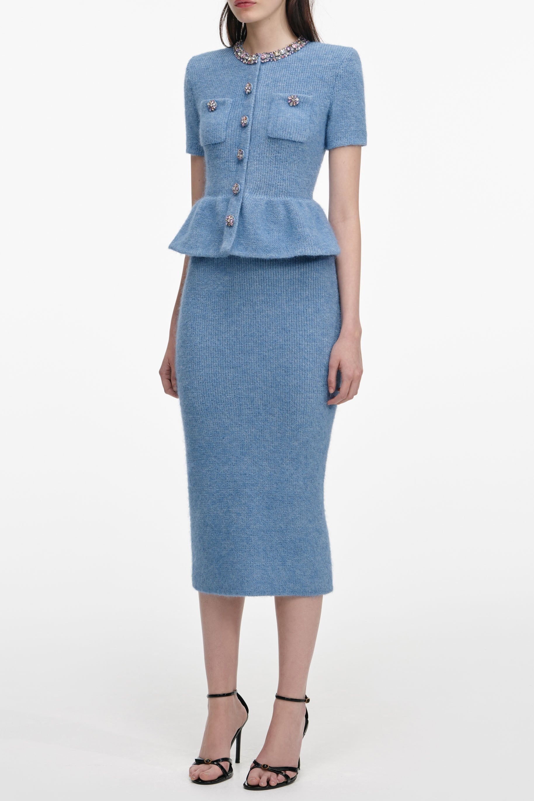 Kimberley Rhinestone Peplum Knit Midi Dress in Blue Avalabel