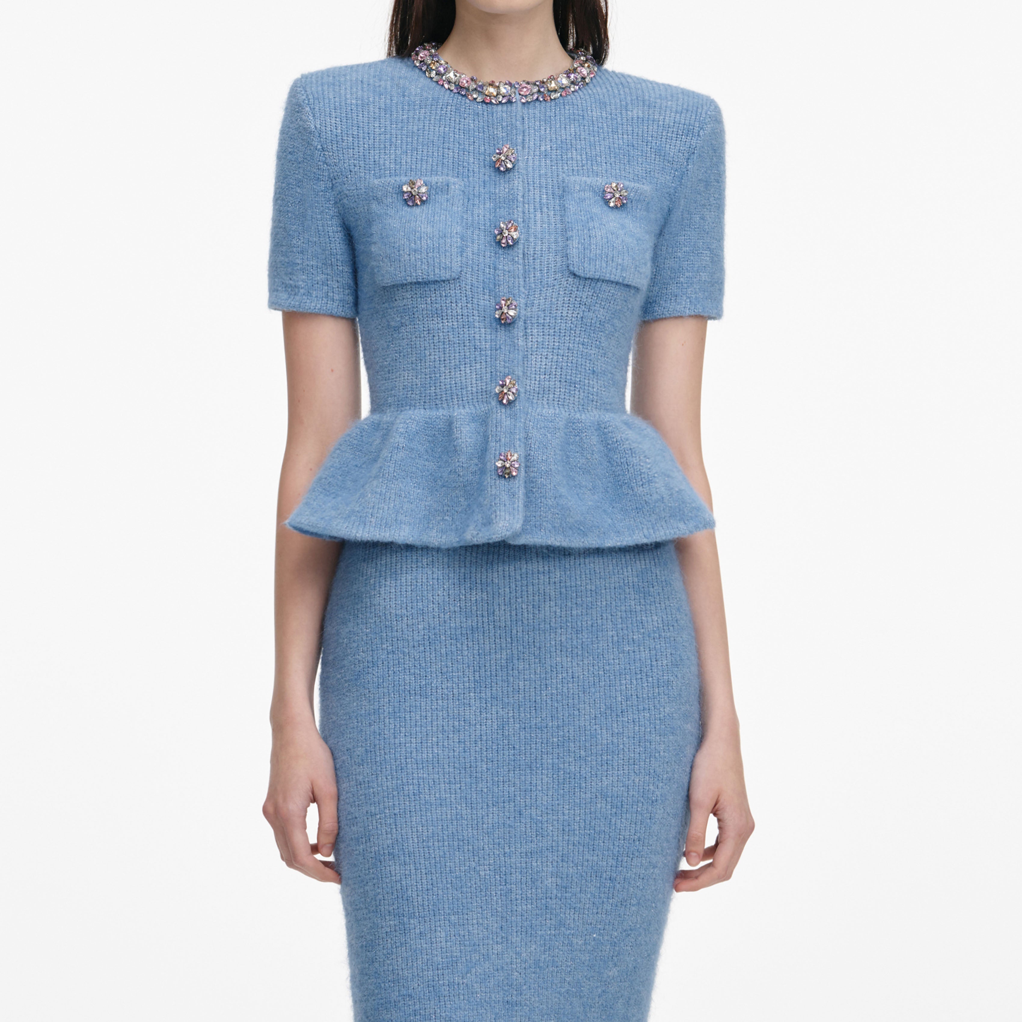Kimberley Rhinestone Peplum Knit Midi Dress in Blue Avalabel