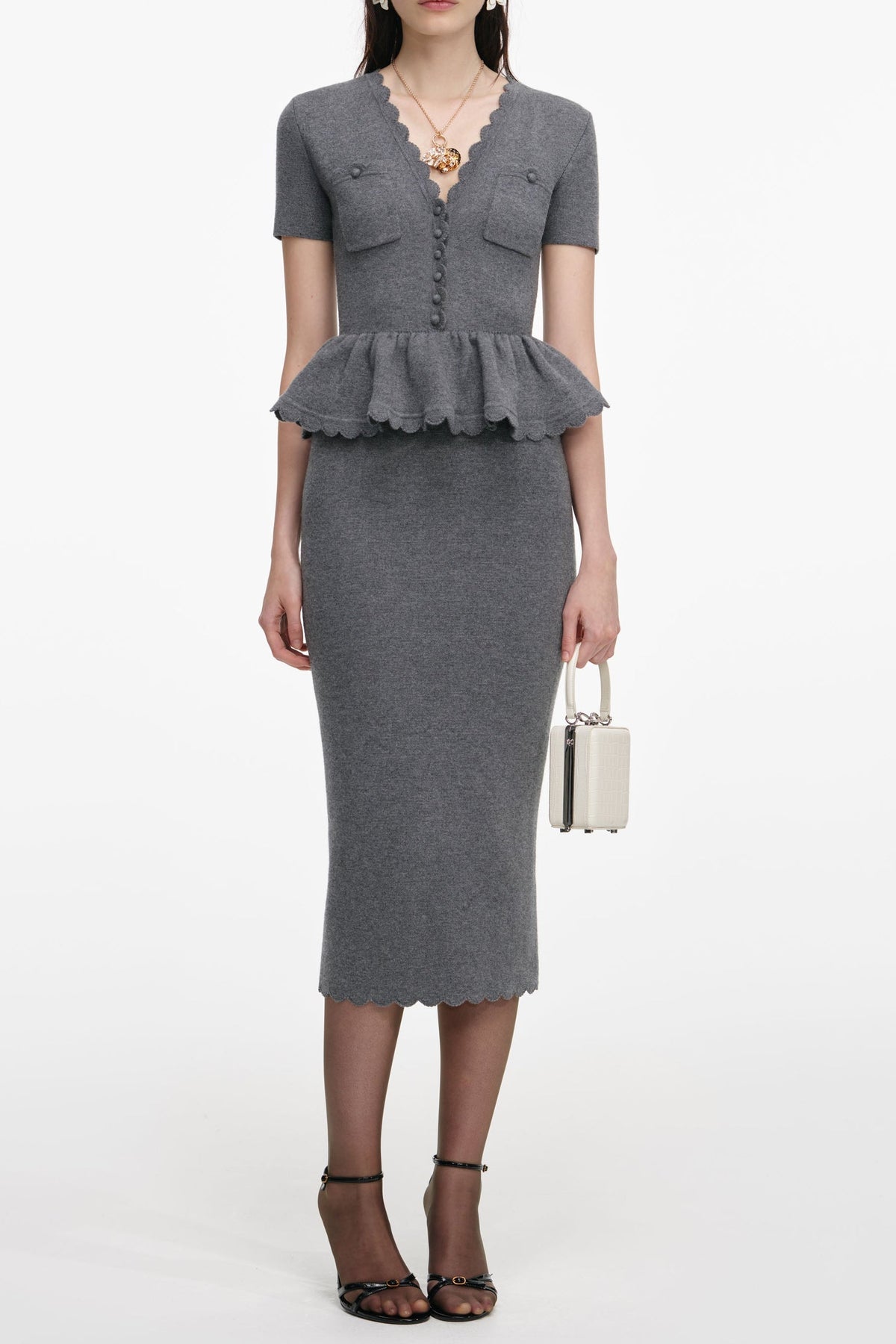 Mandy V-Neck Peplum Knit Midi Dress in Grey Avalabel