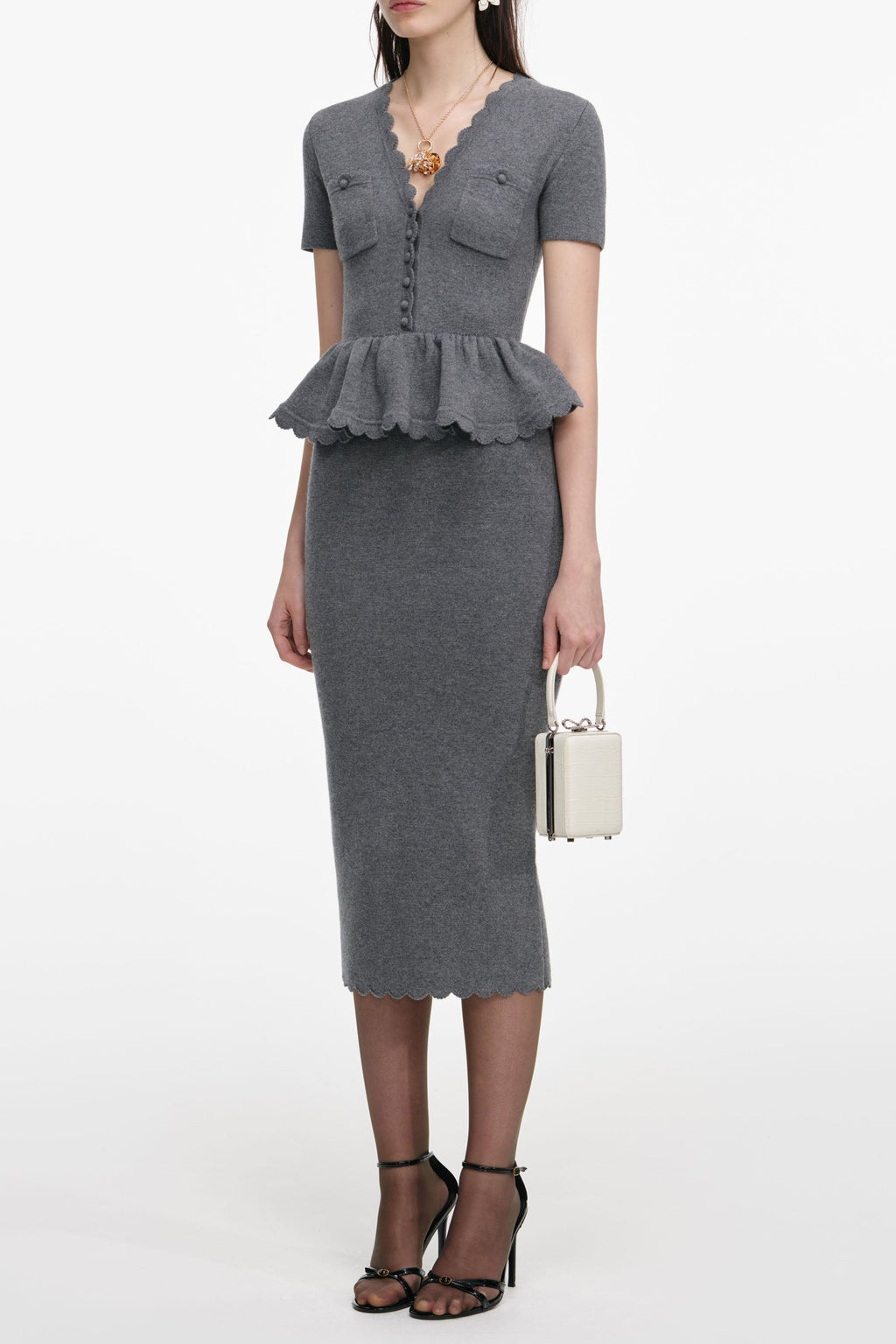 Mandy V-Neck Peplum Knit Midi Dress in Grey Avalabel