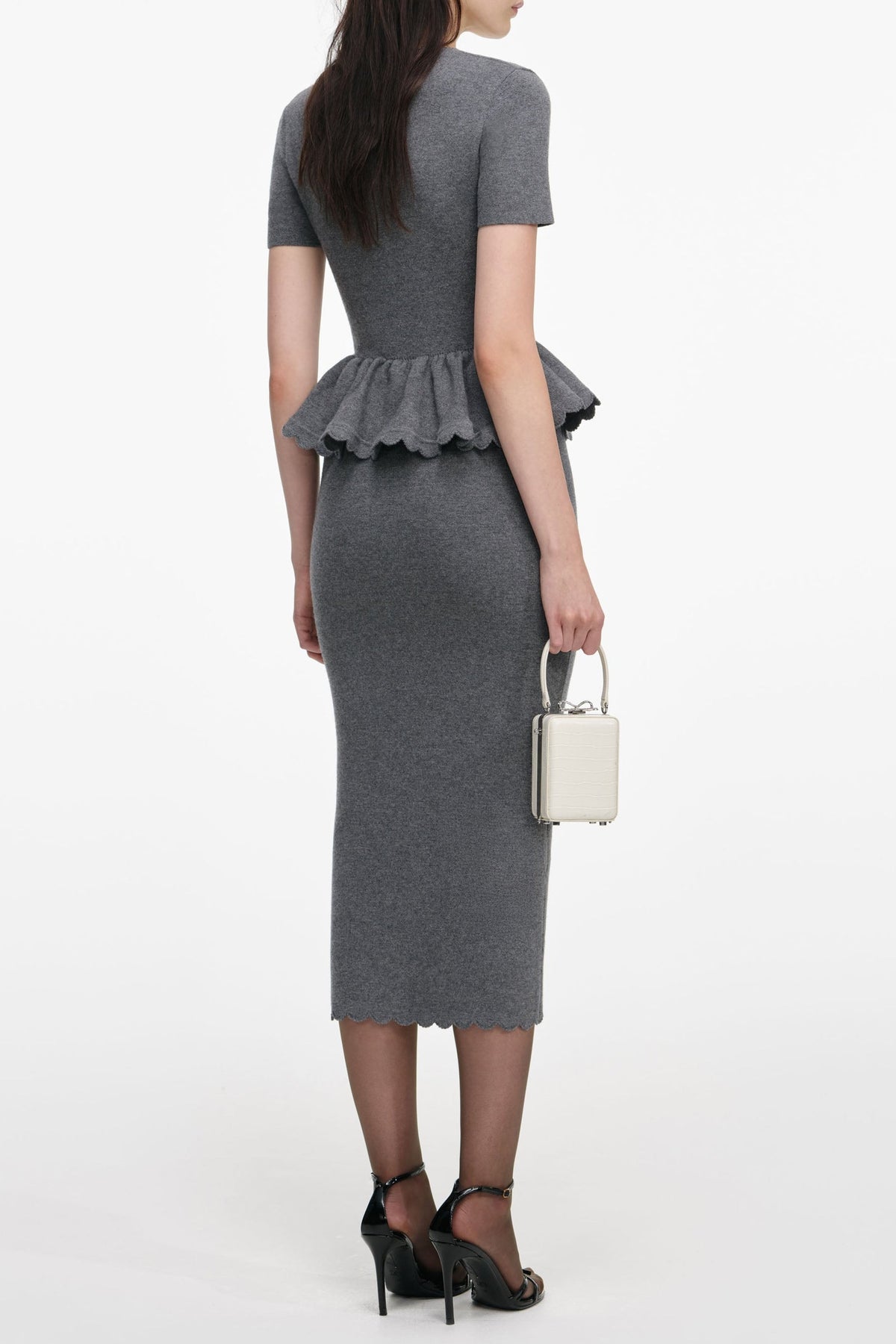 Mandy V-Neck Peplum Knit Midi Dress in Grey Avalabel