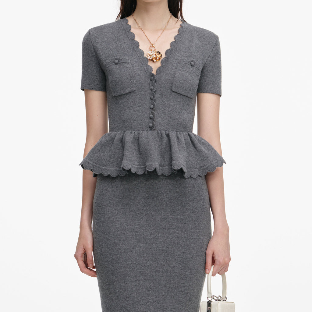 Mandy V-Neck Peplum Knit Midi Dress in Grey Avalabel