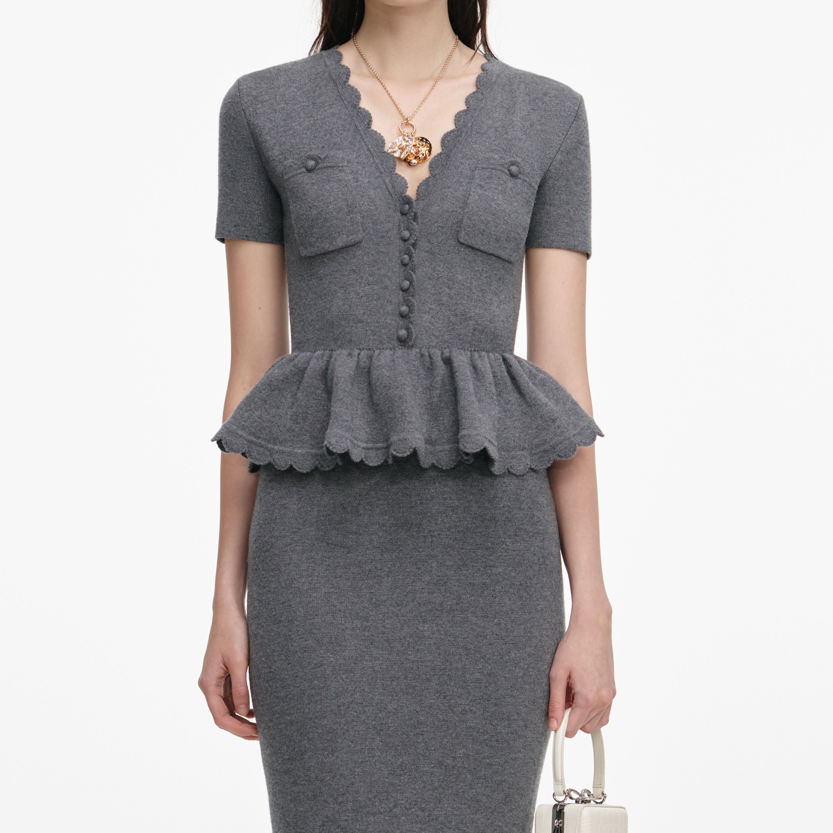 Mandy V-Neck Peplum Knit Midi Dress in Grey Avalabel