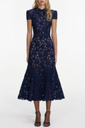 Zenobia Navy Blue Guipure Lace Hollow Midi Dress Avalabel