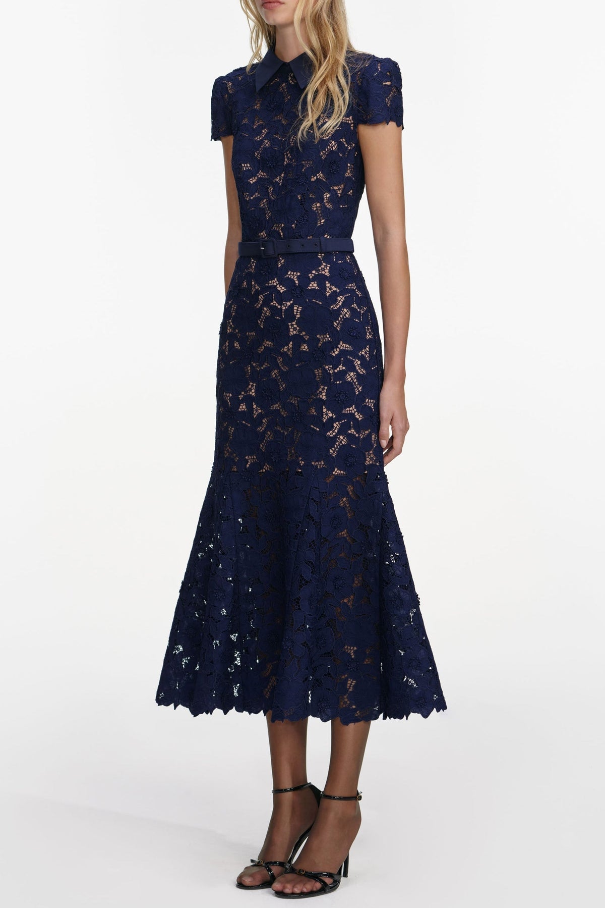 Zenobia Navy Blue Guipure Lace Hollow Midi Dress Avalabel