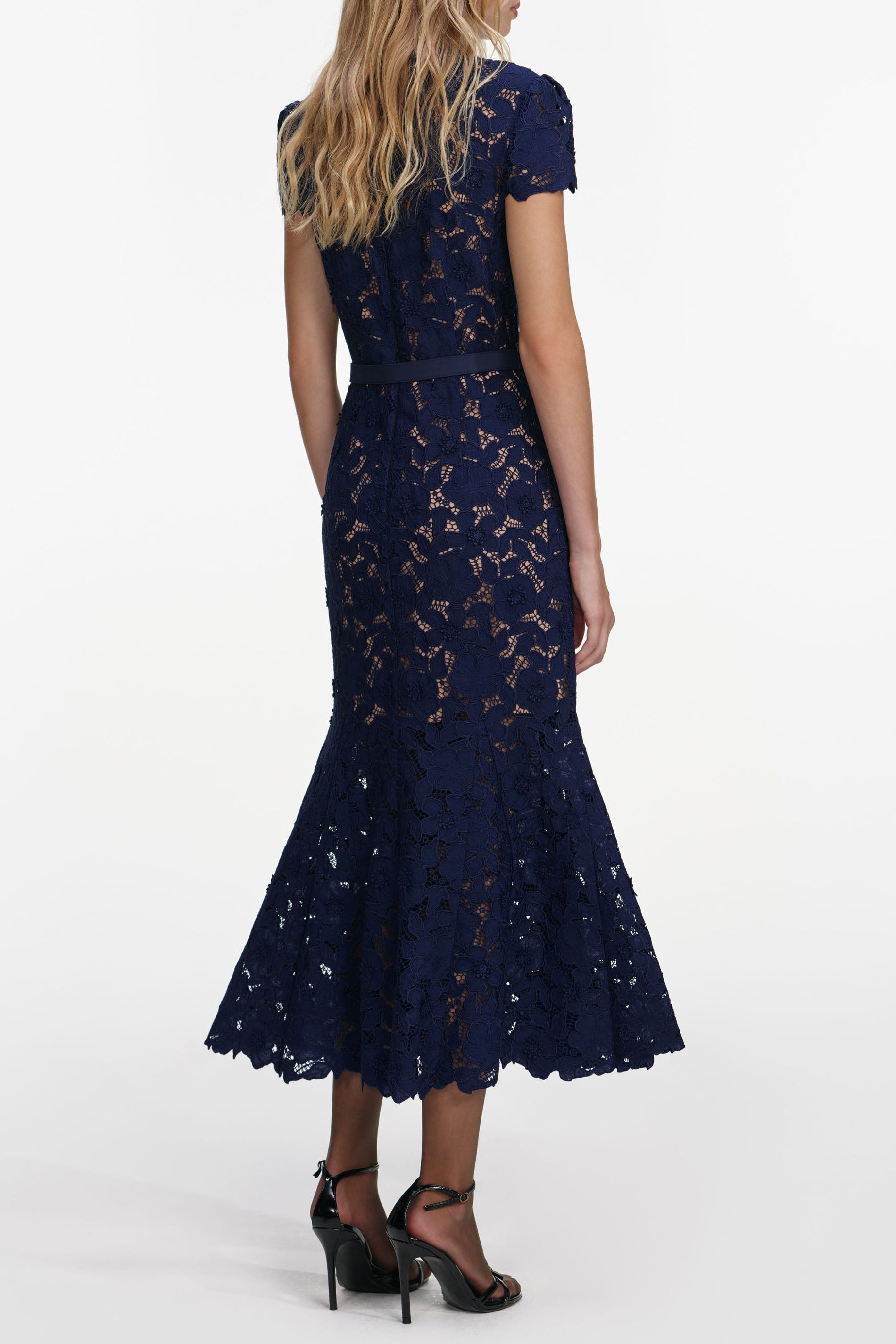 Zenobia Navy Blue Guipure Lace Hollow Midi Dress Avalabel