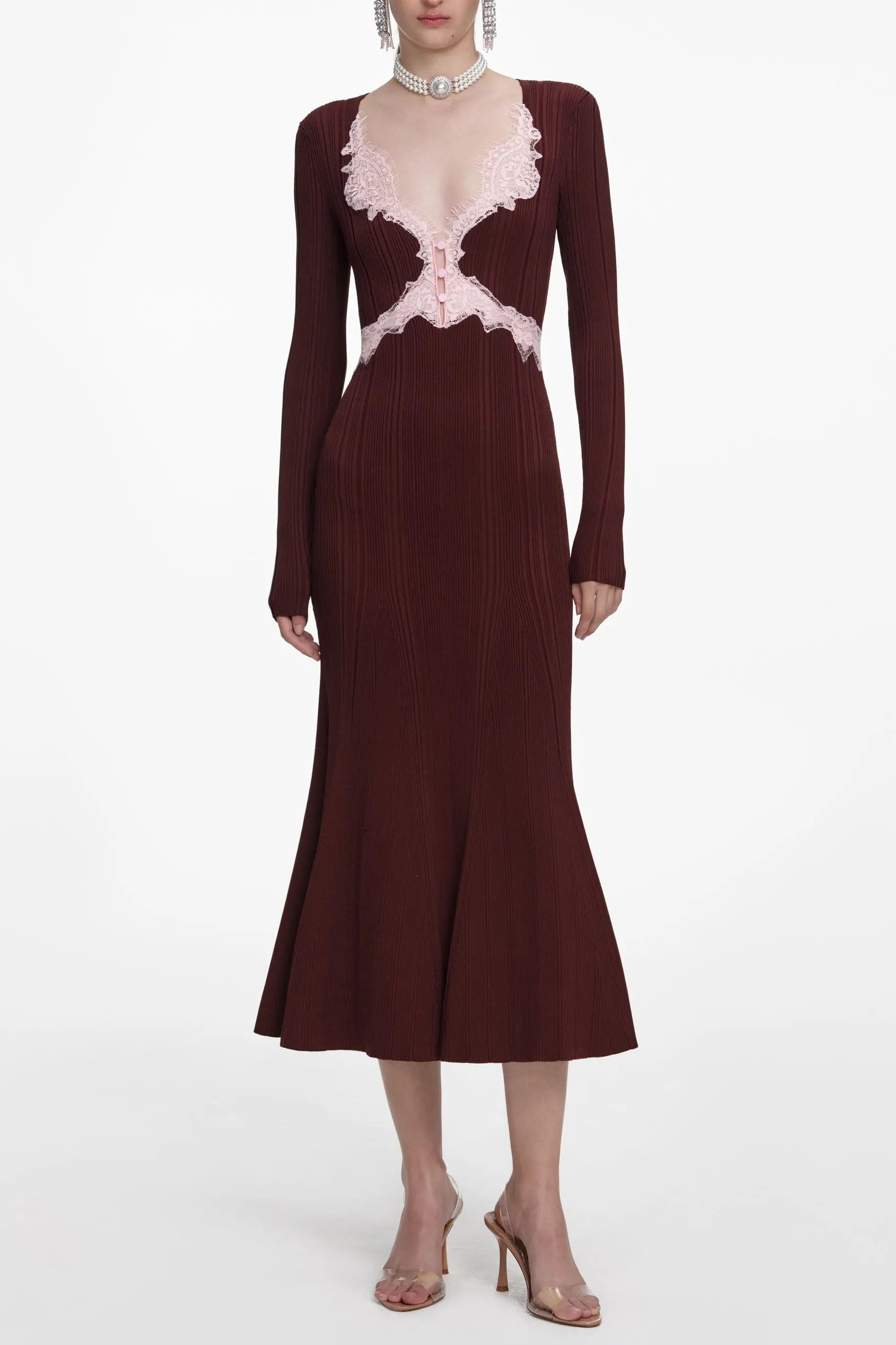 apphia Brown Contrast Lace Knit Midi Dress Avalabel