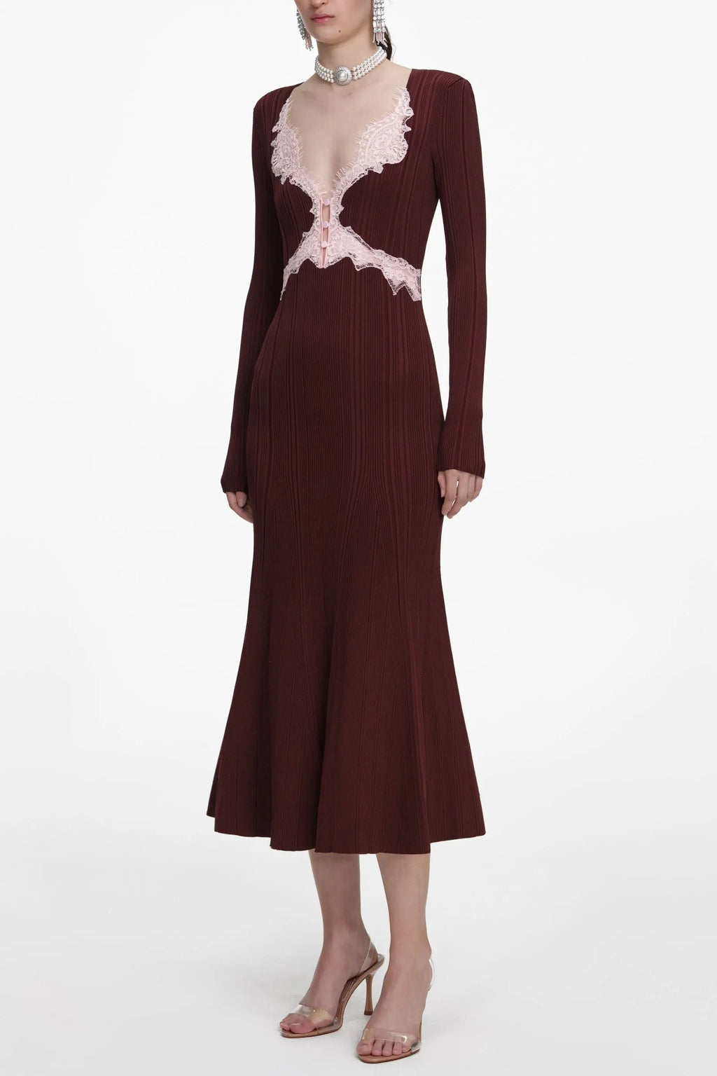 apphia Brown Contrast Lace Knit Midi Dress Avalabel