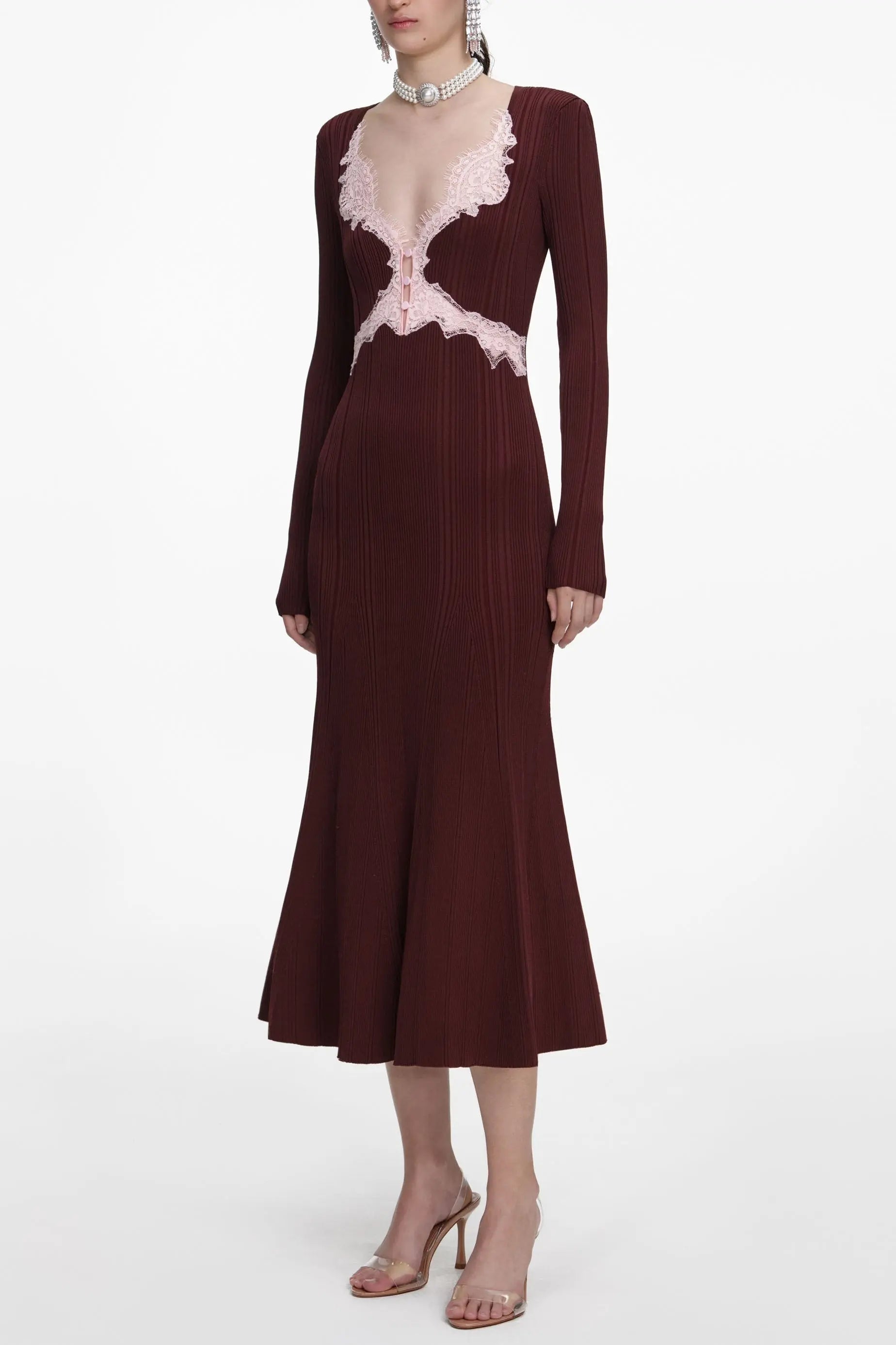 apphia Brown Contrast Lace Knit Midi Dress Avalabel