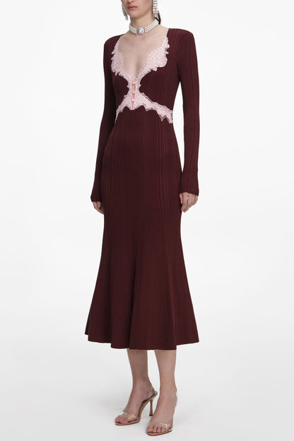 apphia Brown Contrast Lace Knit Midi Dress