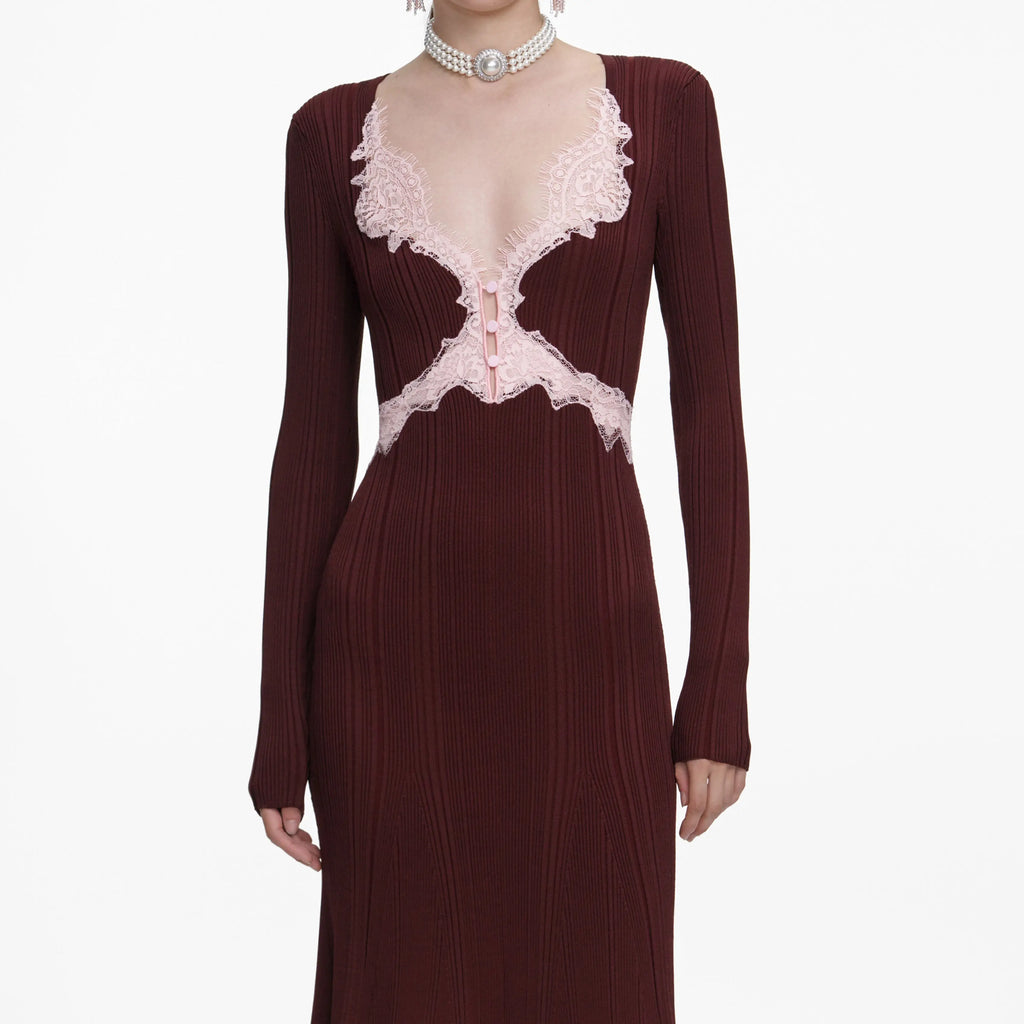 apphia Brown Contrast Lace Knit Midi Dress Avalabel