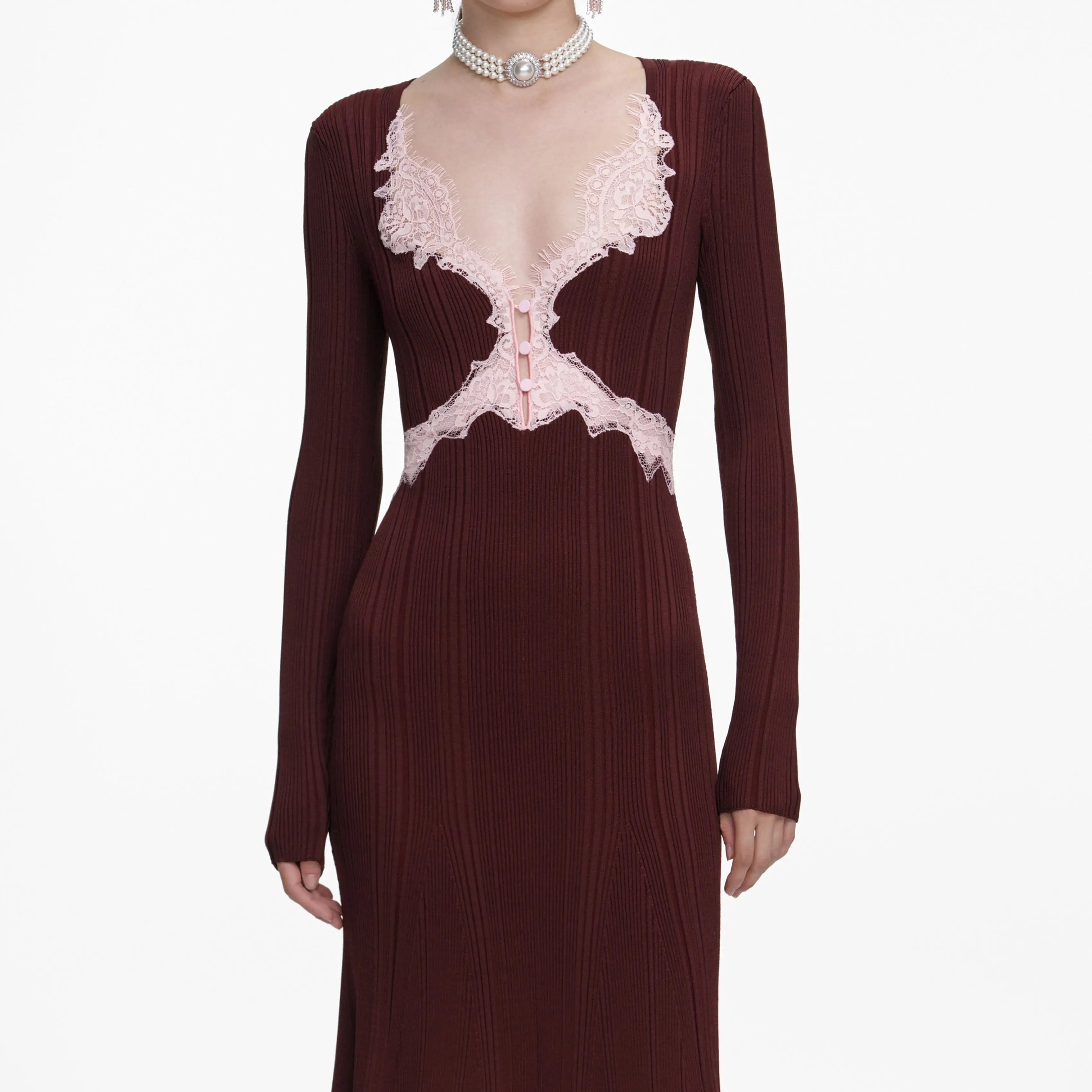 apphia Brown Contrast Lace Knit Midi Dress Avalabel