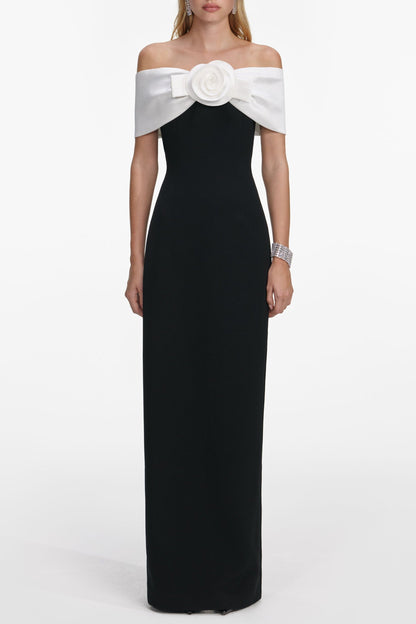 Sandra Off-Shoulder 3D Flower Maxi Dress in Black