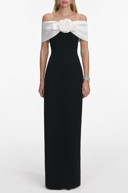 Sandra Off-Shoulder 3D Flower Maxi Dress in Black
