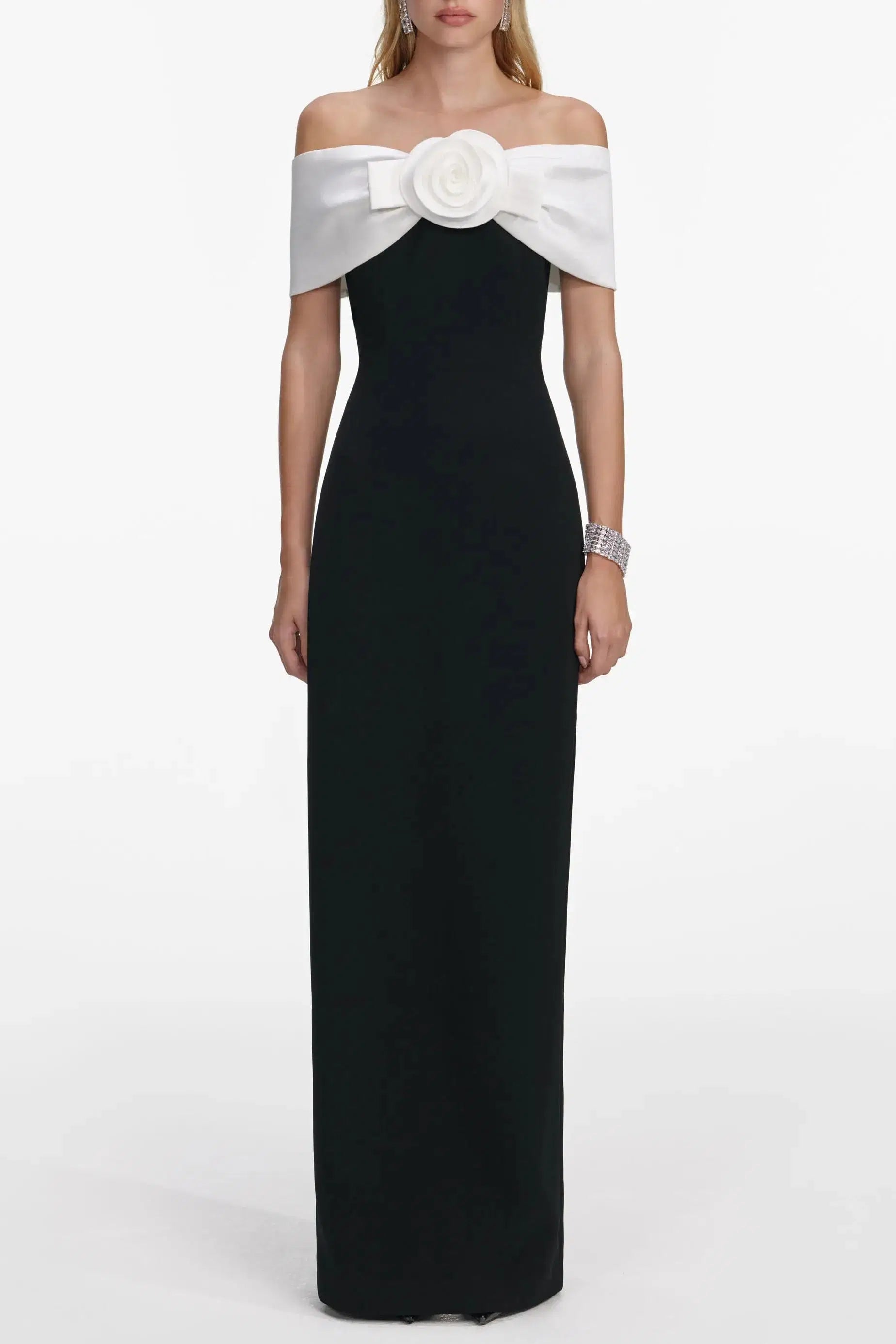 Sandra Off-Shoulder 3D Flower Maxi Dress in Black Avalabel