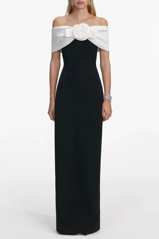 Sandra Off-Shoulder 3D Flower Maxi Dress in Black Avalabel