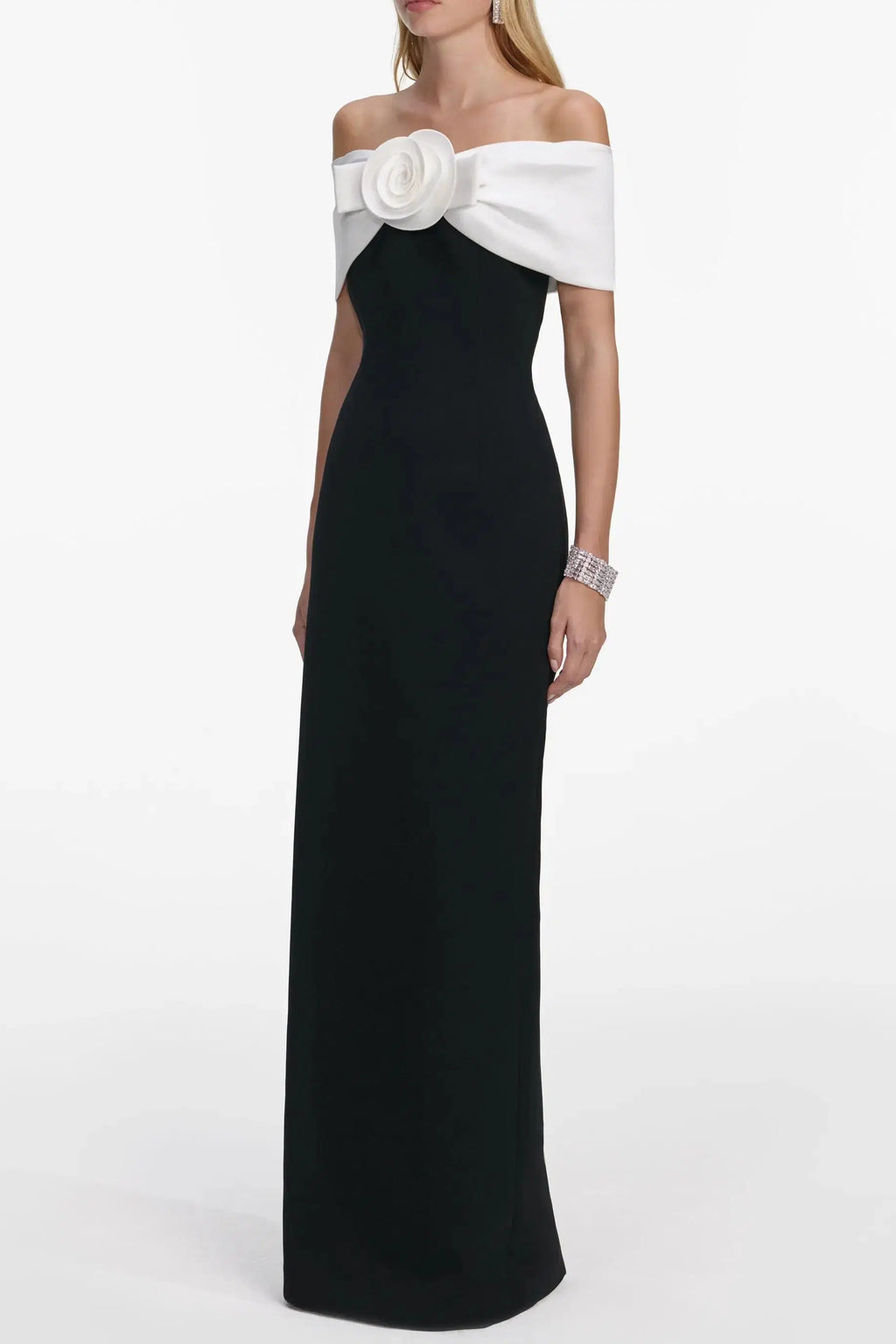 Sandra Off-Shoulder 3D Flower Maxi Dress in Black Avalabel