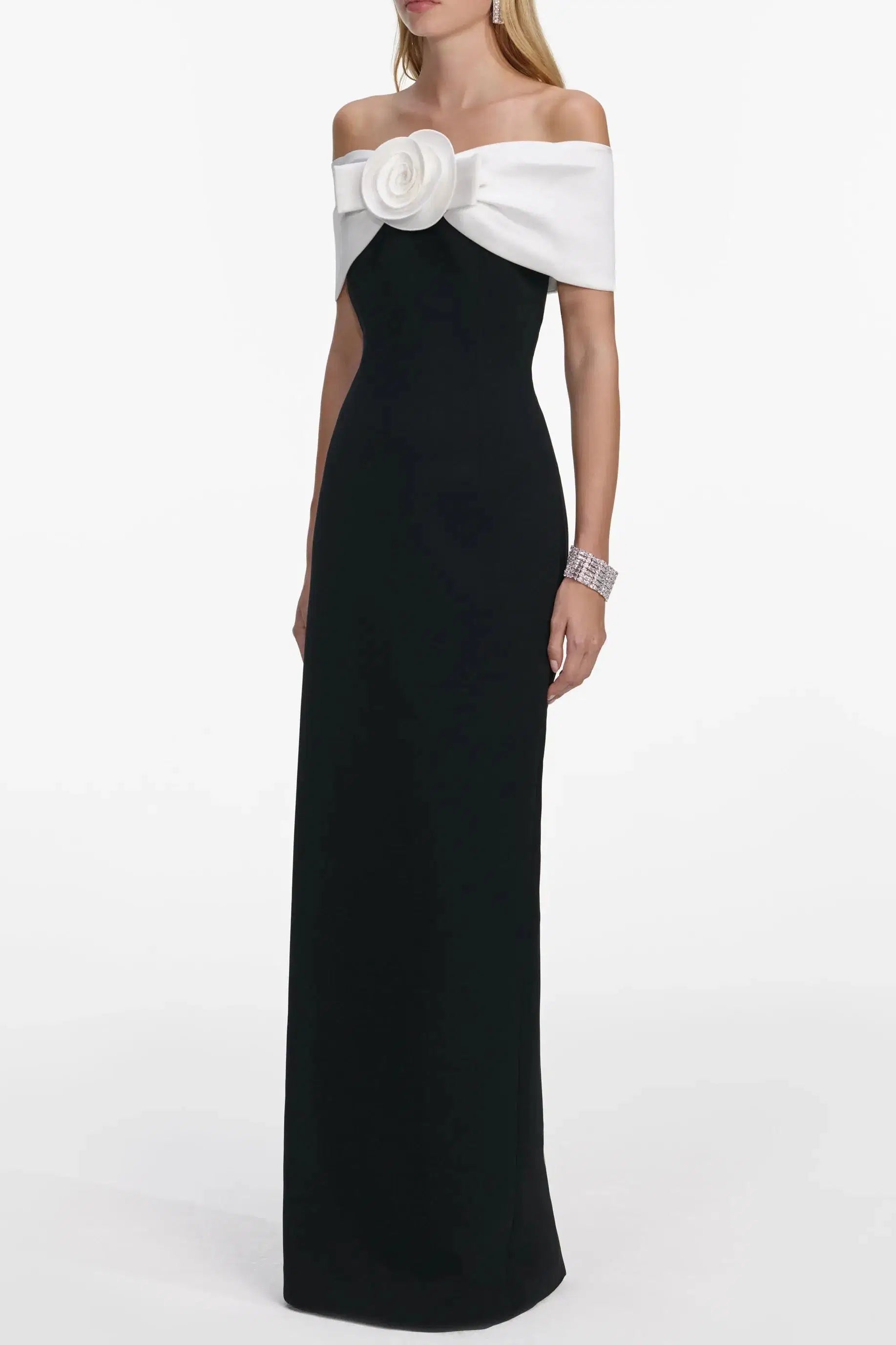 Sandra Off-Shoulder 3D Flower Maxi Dress in Black Avalabel