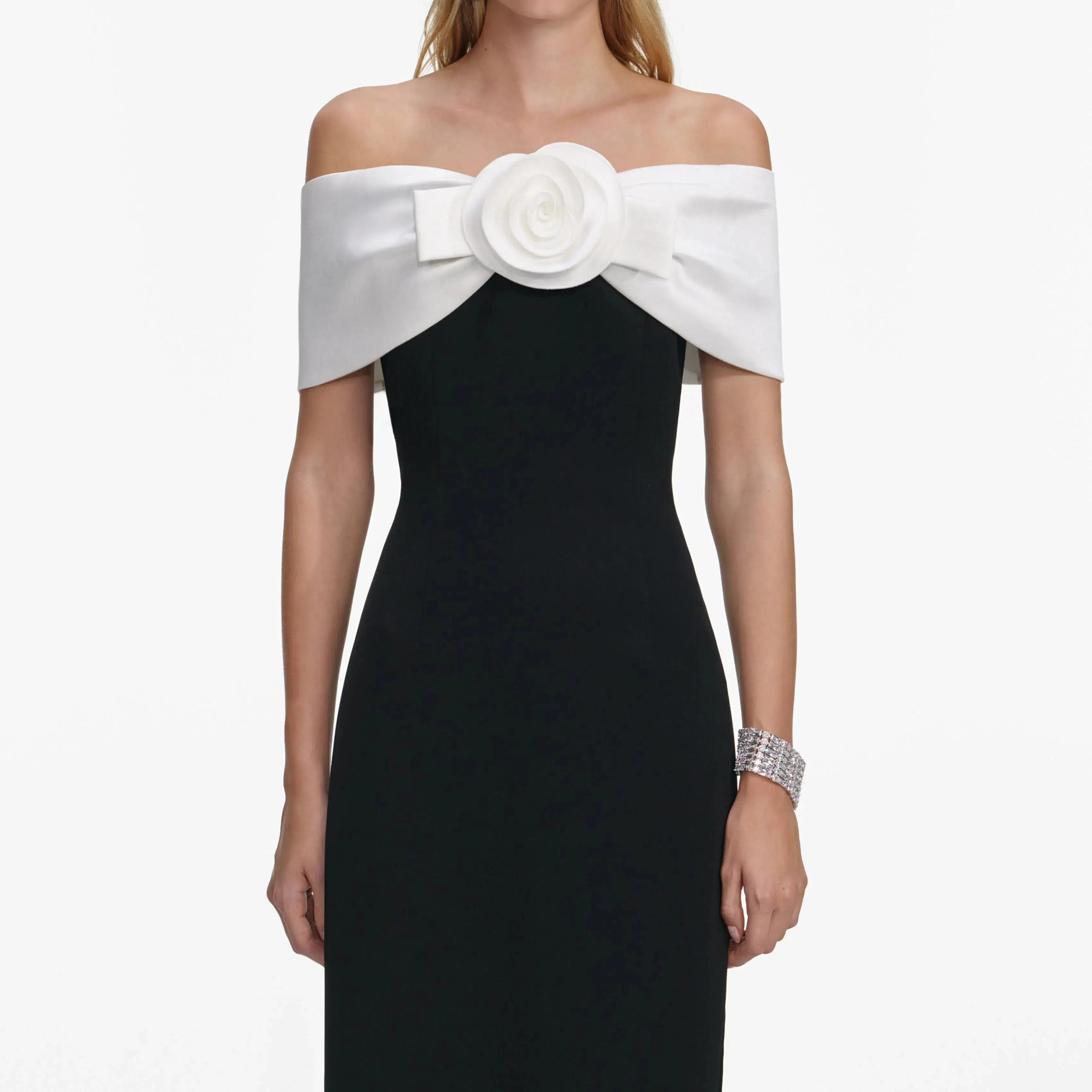 Sandra Off-Shoulder 3D Flower Maxi Dress in Black Avalabel