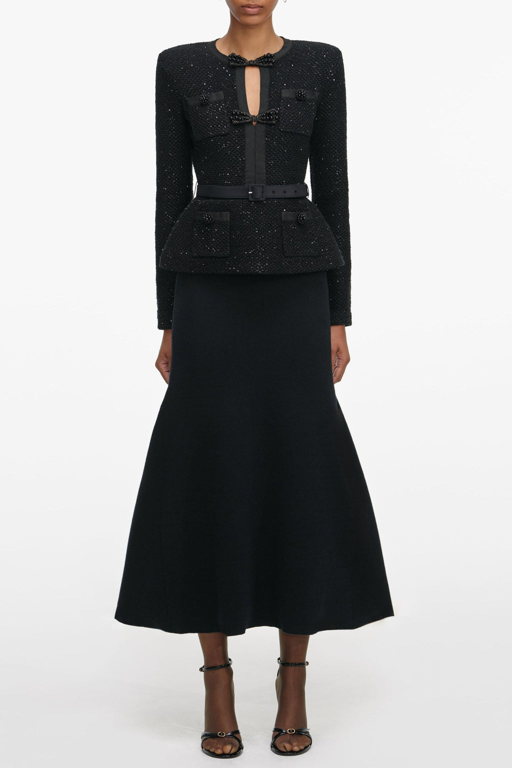 Molly Black Sequin Knit Tailored Midi Dress Avalabel