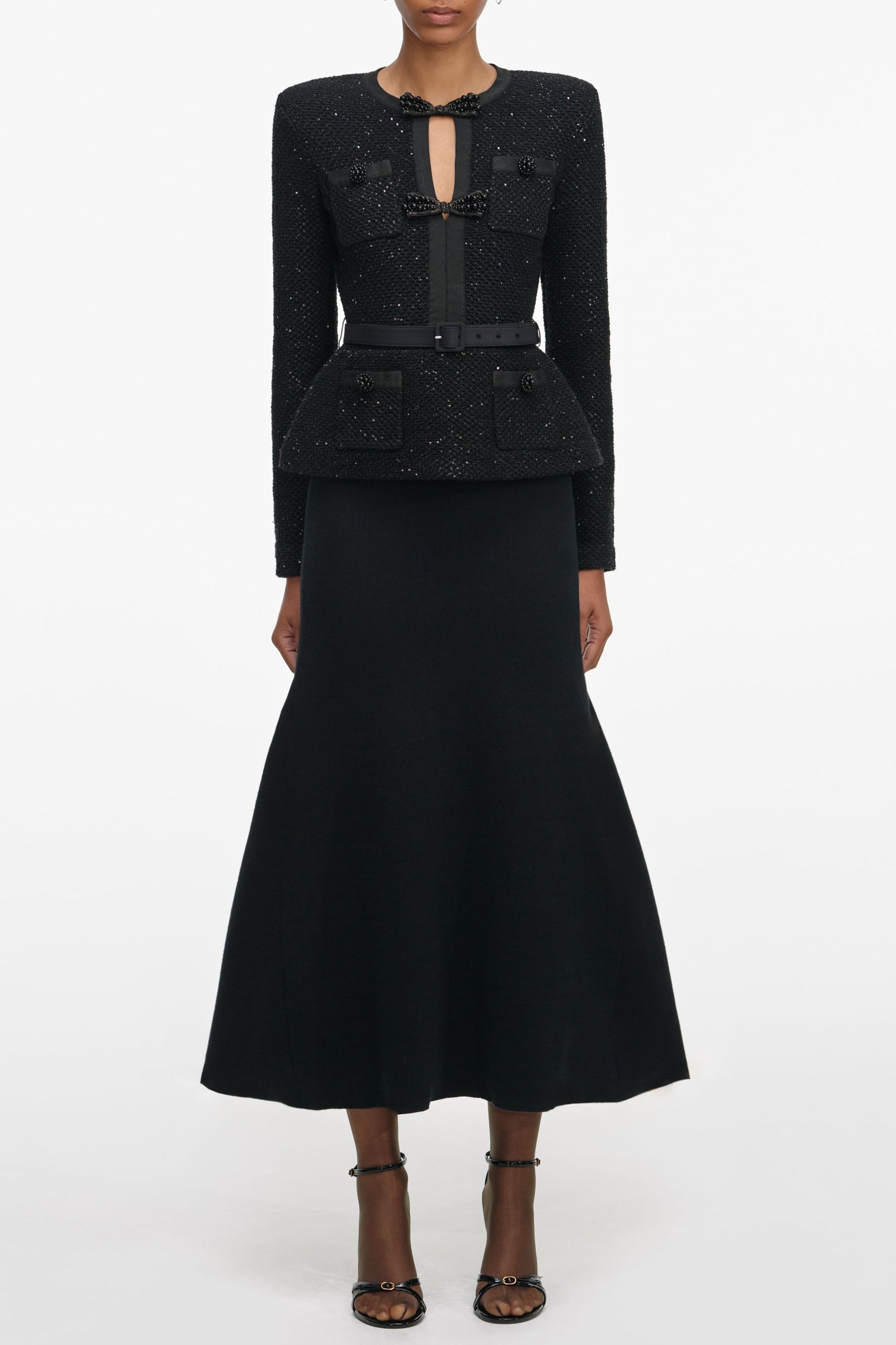 Molly Black Sequin Knit Tailored Midi Dress Avalabel