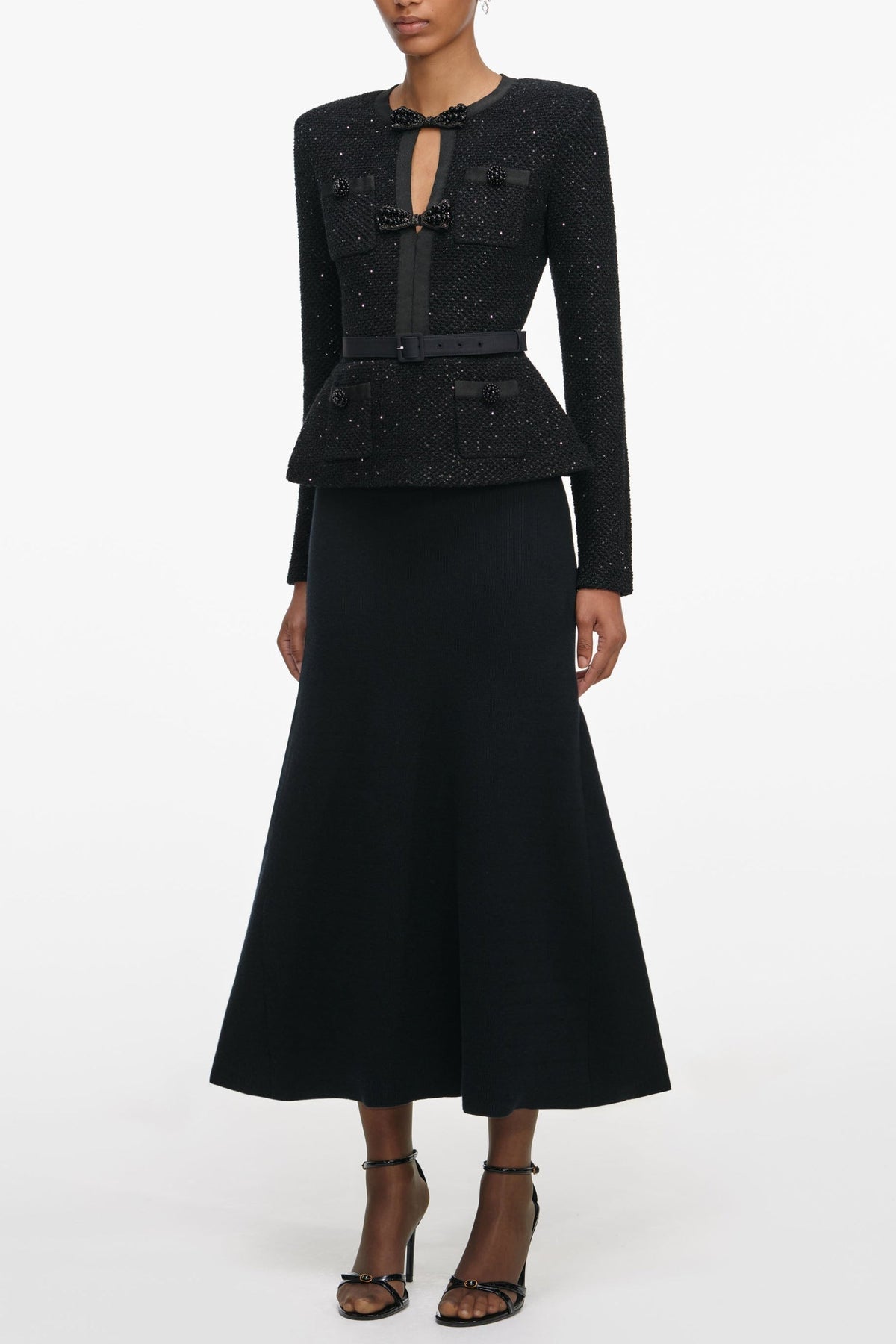 Molly Black Sequin Knit Tailored Midi Dress Avalabel
