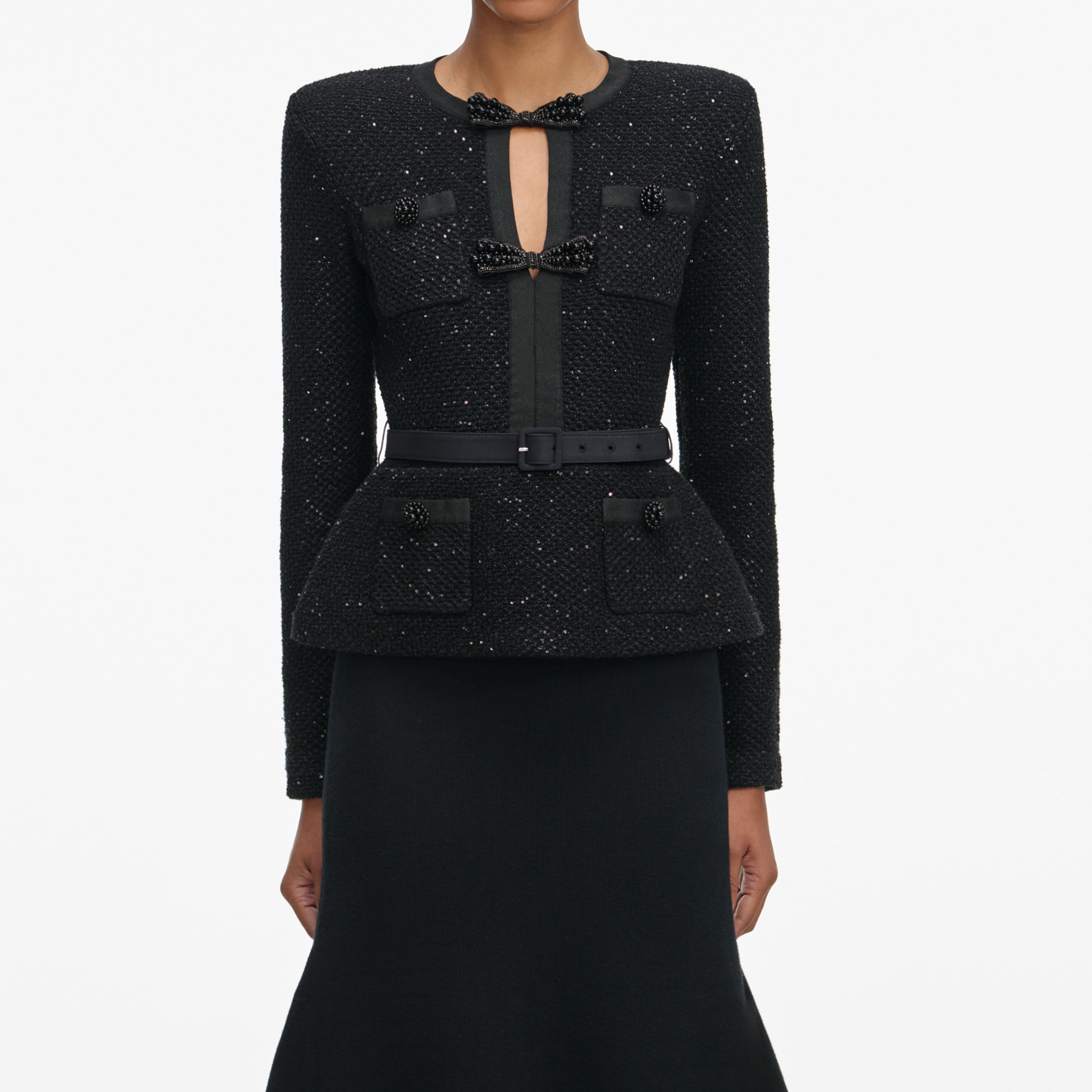 Molly Black Sequin Knit Tailored Midi Dress Avalabel