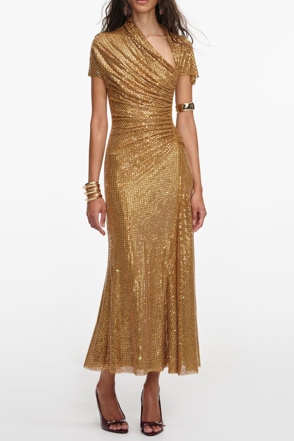 Kimberley Gold Rhinestone Drape Cutout Maxi Dress Avalabel
