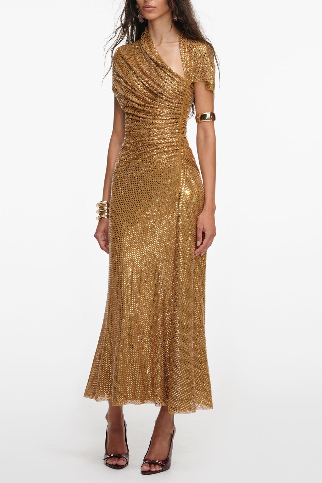 Kimberley Gold Rhinestone Drape Cutout Maxi Dress Avalabel