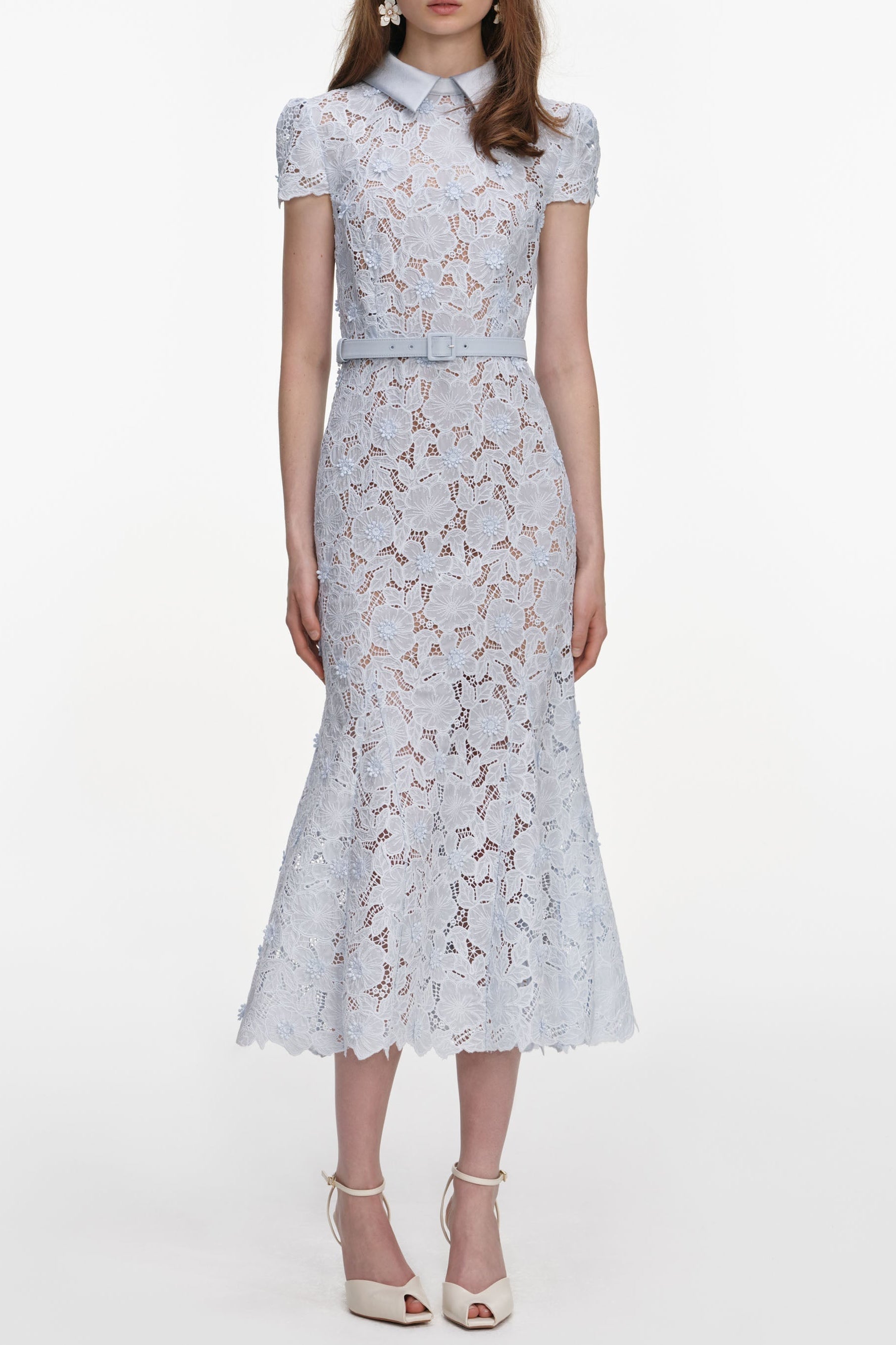 Zenobia Pale Blue Guipure Lace hollow Midi Dress Avalabel