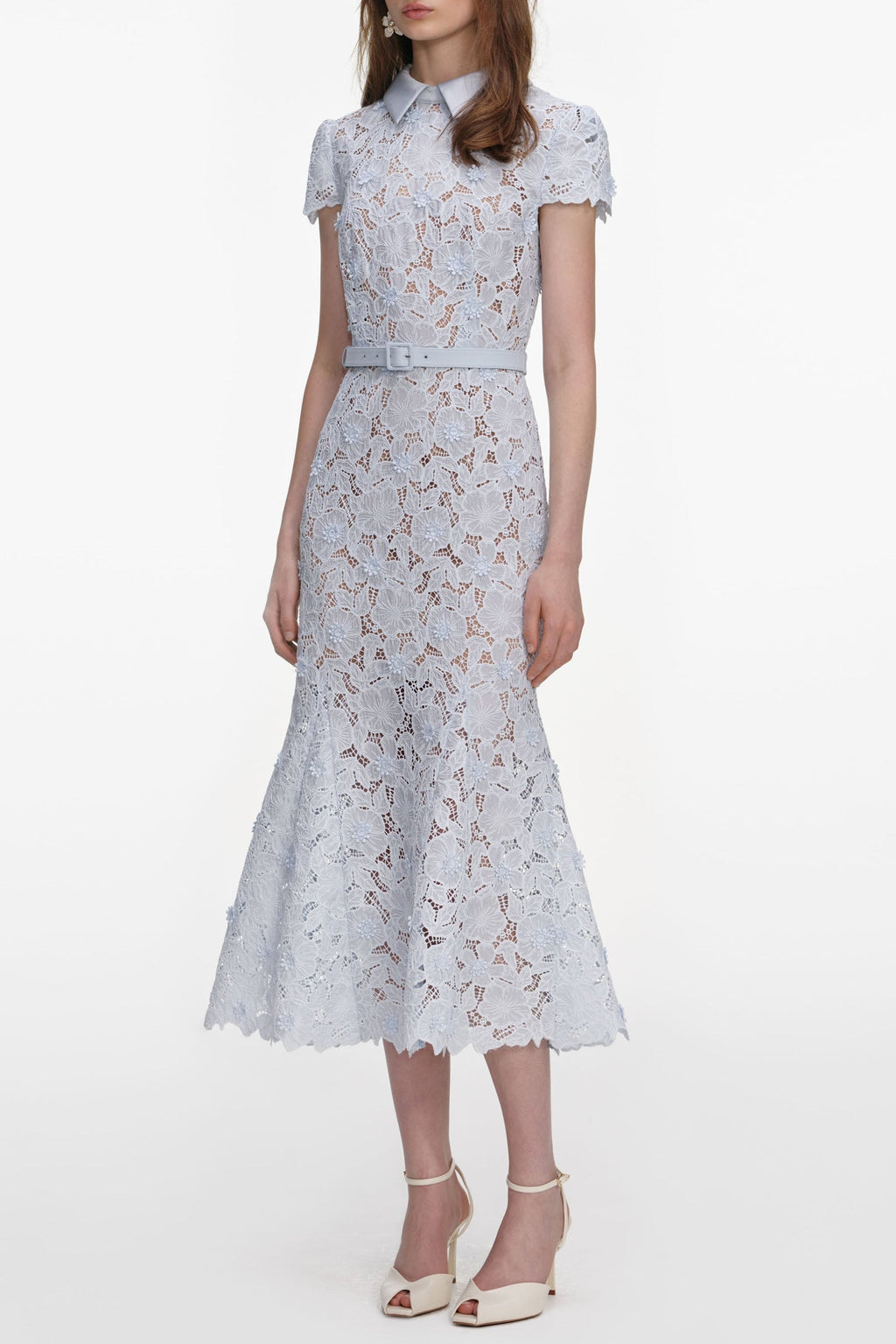 Zenobia Pale Blue Guipure Lace hollow Midi Dress Avalabel