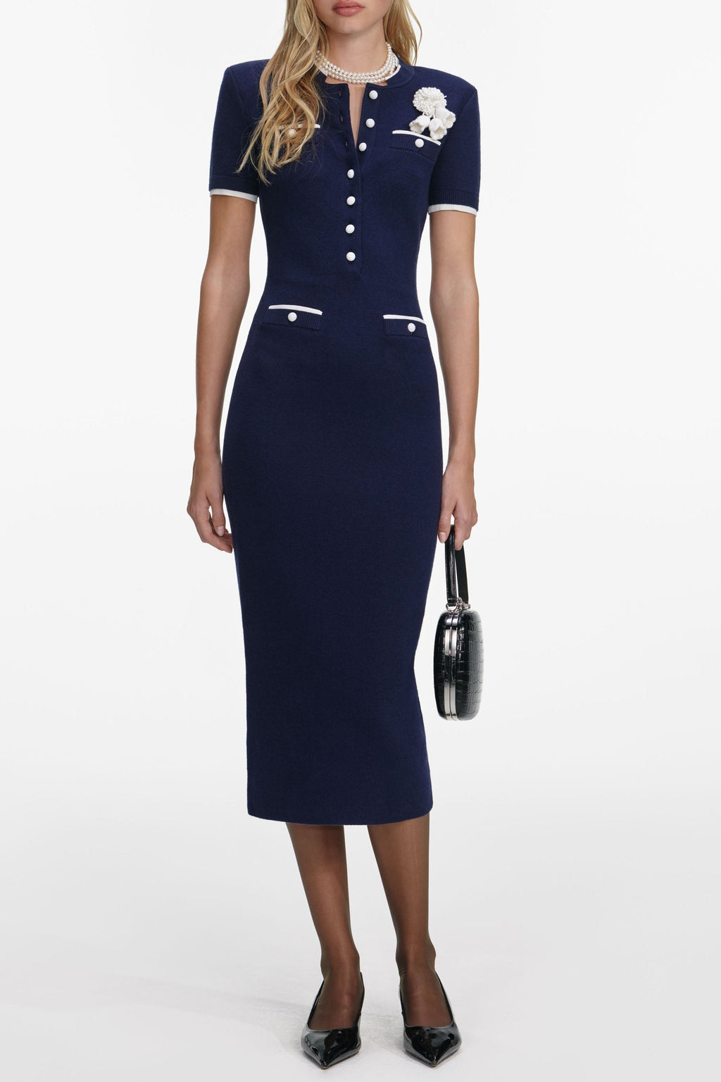 Zenobia Navy Crochet Flower Knit Midi Dress Avalabel